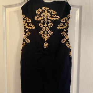 bebe Black and Gold Strapless Dress